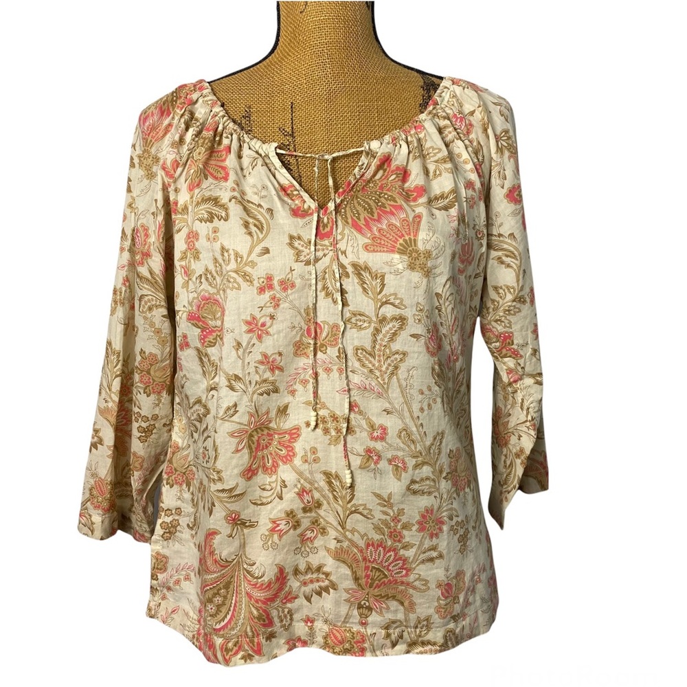 Loft Cotton Beige Floral Print 3/4 Sleeve Lightweight Blouse Top M